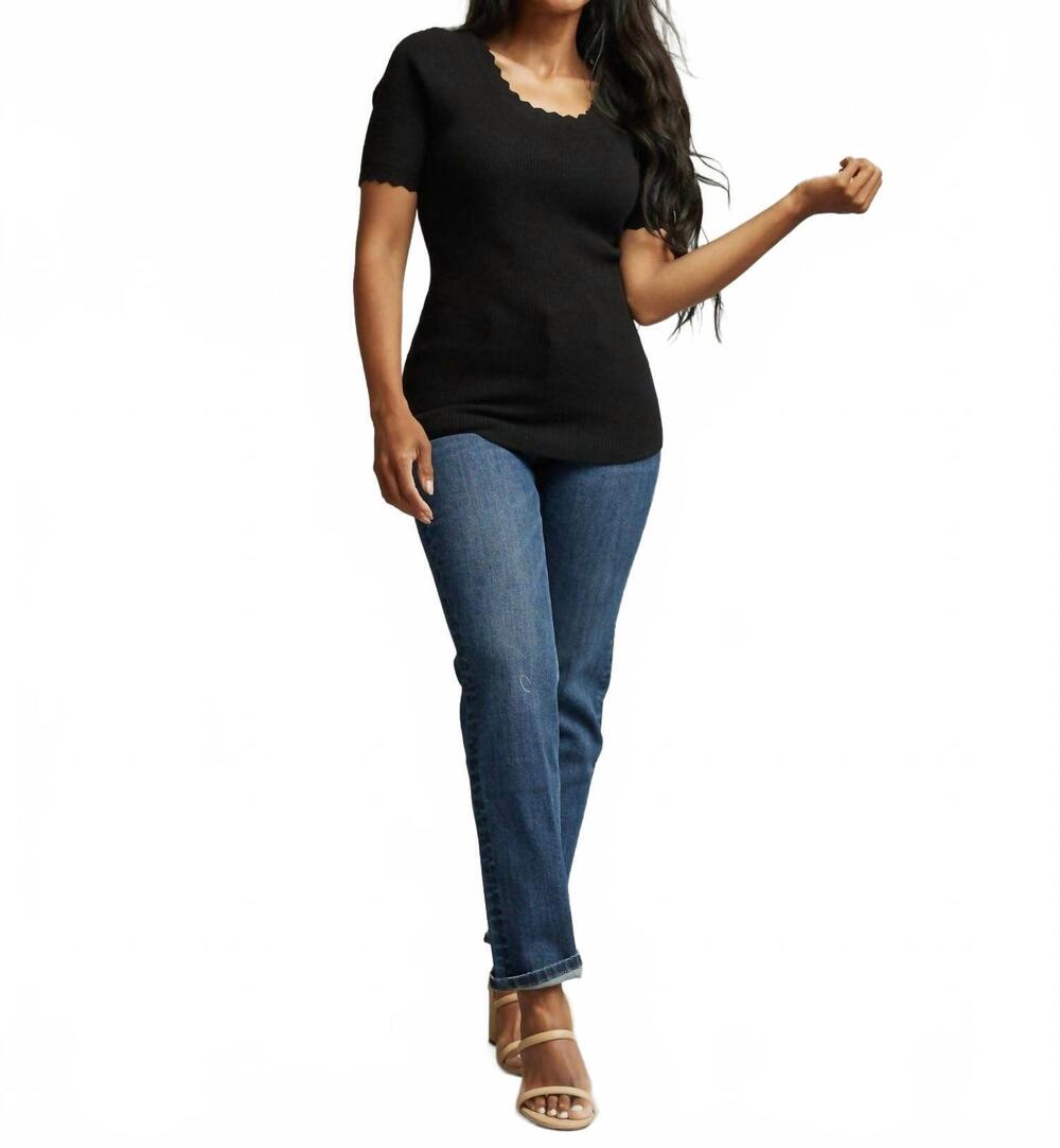 NEW DOWNEAST scallop short sleeve sweater in black